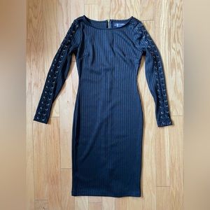 Jennifer Lopez Black Ribbed Dress With Lace Up Sleeves Size 2